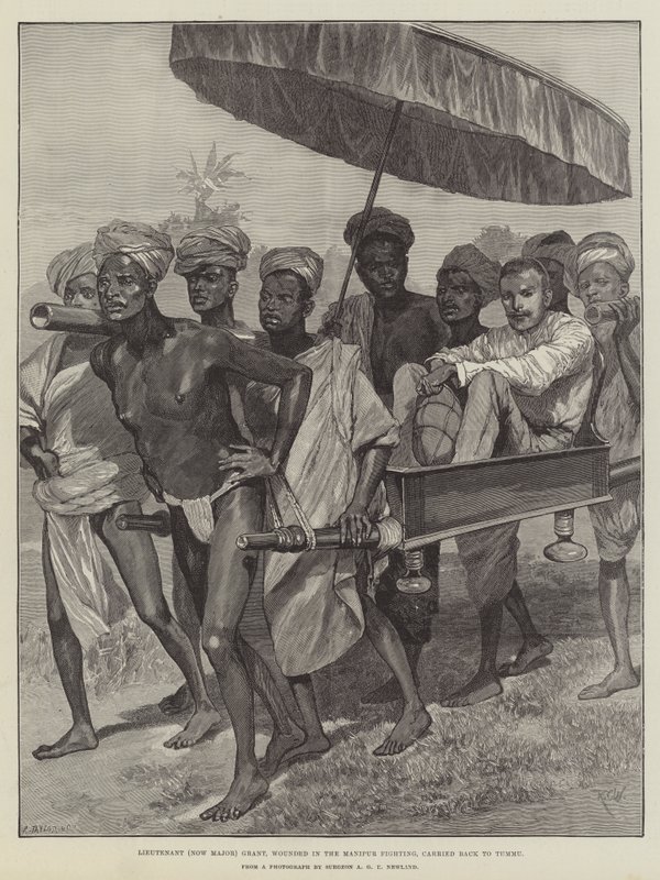 Løjtnant (nu major) Grant, såret i Manipur-kampene, blev båret tilbage til Tummy af Richard Caton Woodville junior