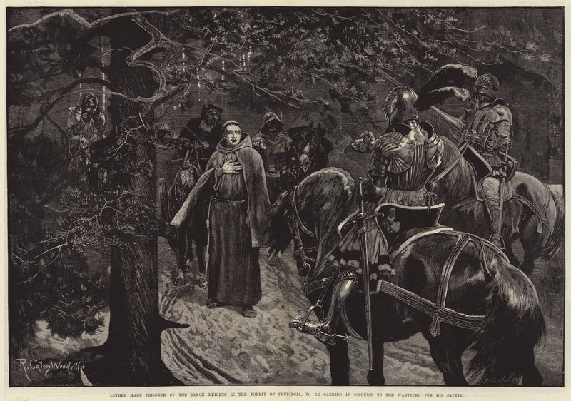 Luther gjort til fange af de saksiske riddere i Thüringens skov, for at blive båret i forklædning til Wartburg for hans sikkerhed af Richard Caton Woodville junior