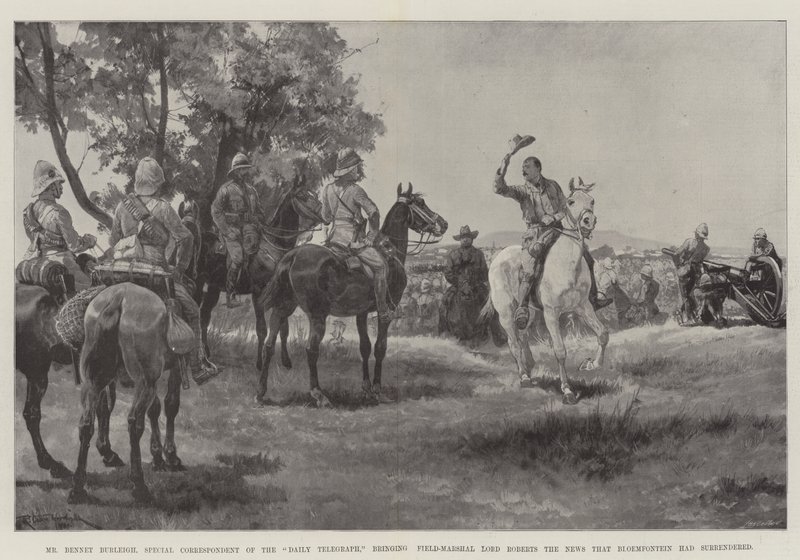 Mr. Bennet Burleigh, specialkorrespondent for Daily Telegraph, bragte feltmarskal Lord Roberts nyheden om, at Bloemfontein havde overgivet sig af Richard Caton Woodville junior