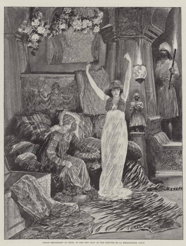 Sarah Bernhardt som Izeyl, i det nye teaterstykke på Theatre de la Renaissance, Paris af Richard Caton Woodville junior