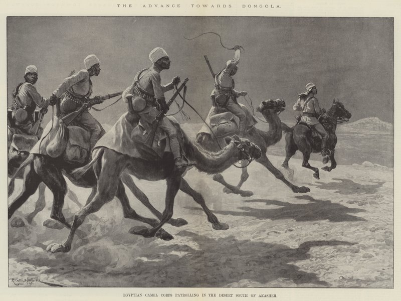Fremrykningen mod Dongola, egyptiske kamelkorps patruljerer i ørkenen syd for Akasheh af Richard Caton Woodville junior