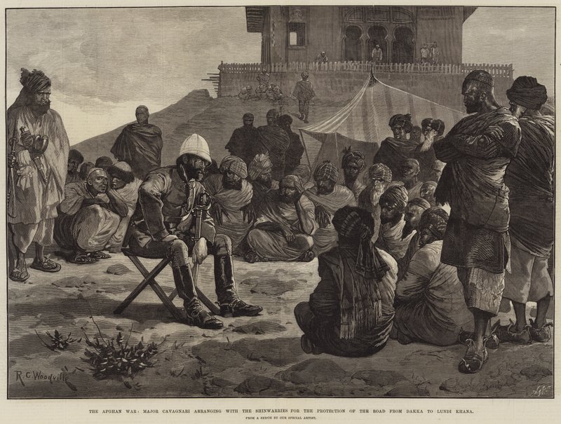Den afghanske krig, major Cavagnari arrangerer med Shinwarries beskyttelse af vejen fra Dakka til Lundi Khana af Richard Caton Woodville junior