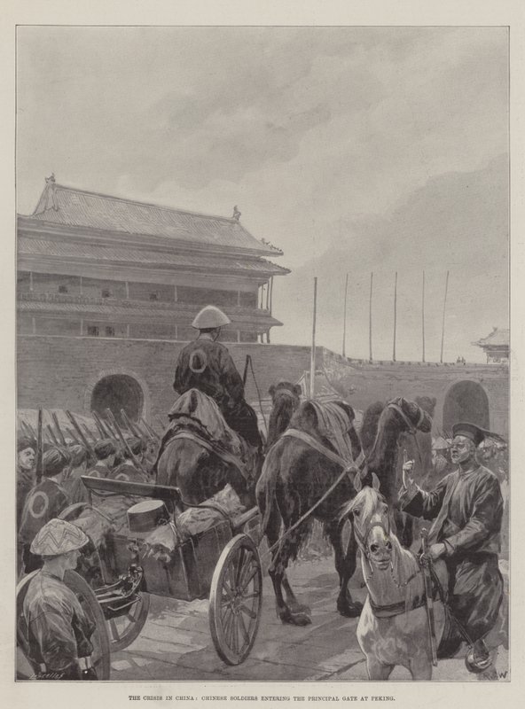 Krisen i Kina, kinesiske soldater på vej ind i hovedporten i Peking af Richard Caton Woodville junior