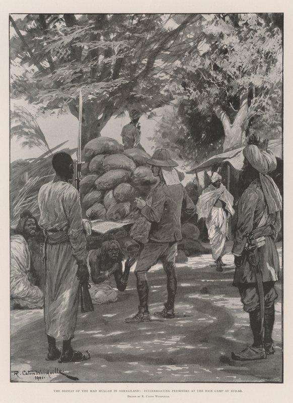 Den gale mullahs nederlag i Somaliland, afhøring af fanger i baselejren i Burao af Richard Caton Woodville junior