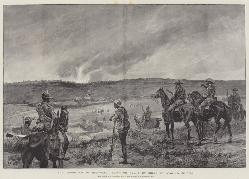 Ødelæggelsen af Bulawayo, brændt den 3. november efter ordre fra kong Lobengula af Richard Caton Woodville junior