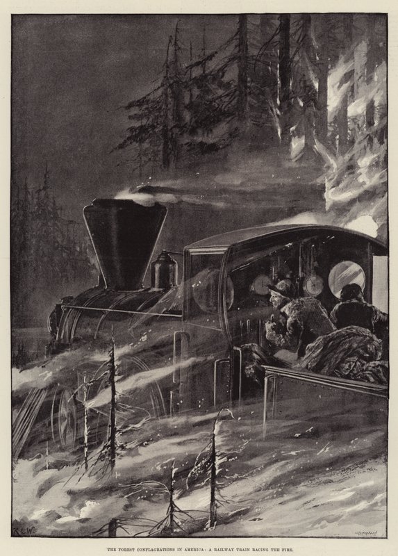 The Forest Conflagrations in America, et jernbanetog, der kører med ilden af Richard Caton Woodville junior