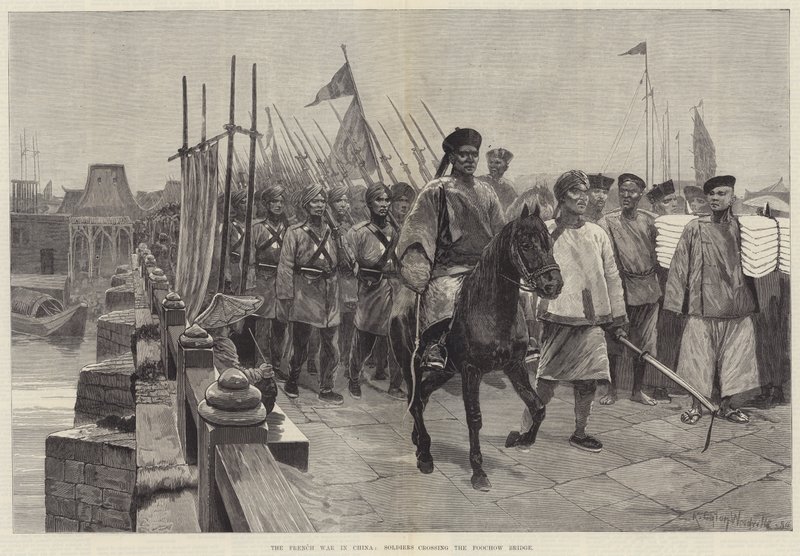 Den franske krig i Kina, soldater krydser Foochow-broen af Richard Caton Woodville junior
