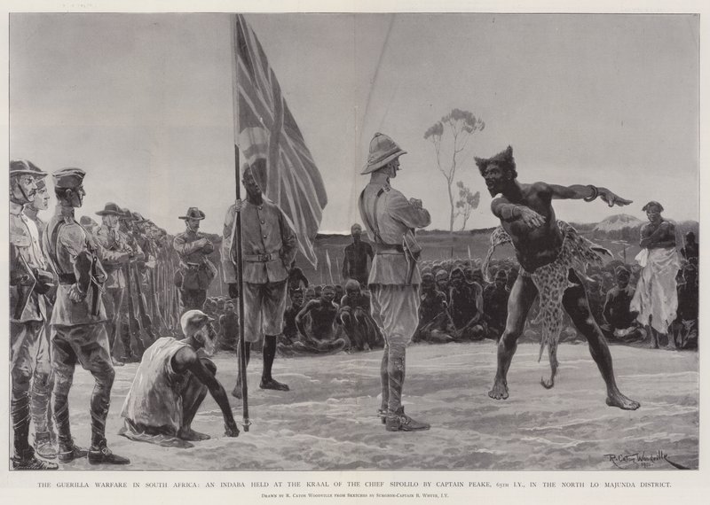 Guerillakrigsførelsen i Sydafrika, en Indaba afholdt ved Chief Sipolilos Kraal af Captain Peake, 65. Imperial Yeomanry, i North Lo Majunda District af Richard Caton Woodville junior