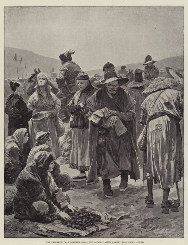 Den forestående krig mellem Kina og Japan, Native Market nær Seoul, Corea af Richard Caton Woodville junior