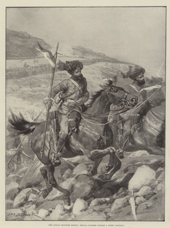 Indian Frontier Rising, Bengal Lancers angriber en stejl position af Richard Caton Woodville junior