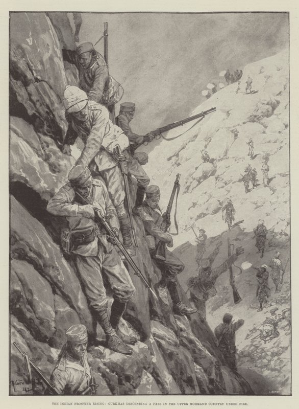 The Indian Frontier Rising, Gurkhas ned ad et pas i det øvre Mohmand-land under beskydning af Richard Caton Woodville junior