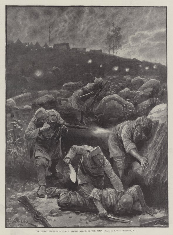 The Indian Frontier Rising, en Sniping Affære ved Lejren af Richard Caton Woodville junior