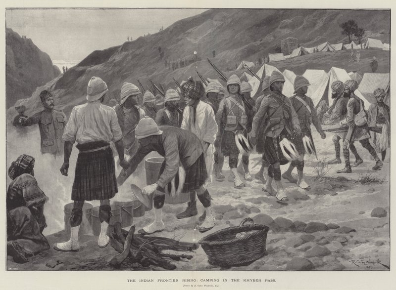 The Indian Frontier Rising, camping i Khyber Pass af Richard Caton Woodville junior