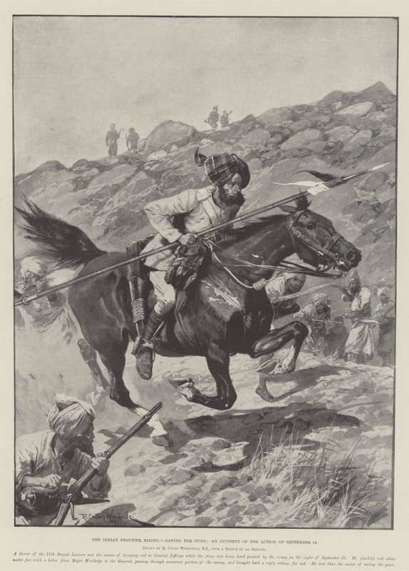 The Indian Frontier Rising, Saving the Guns, en hændelse af aktionen den 16. september af Richard Caton Woodville junior