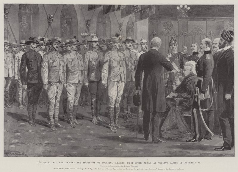 Dronningen og hendes imperium, inspektionen af kolonisoldater fra Sydafrika på Windsor Castle den 16. november af Richard Caton Woodville junior