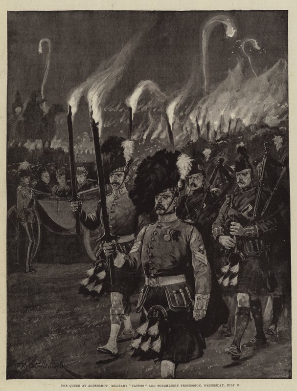 Dronningen ved Aldershot, Military Tattoo and Torchlight Procession, onsdag den 11. juli af Richard Caton Woodville junior