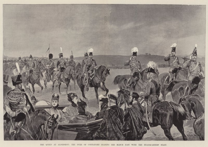 Dronningen i Aldershot, hertugen af Connaught, der leder marts fortiden med hovedkvarterets stab af Richard Caton Woodville junior