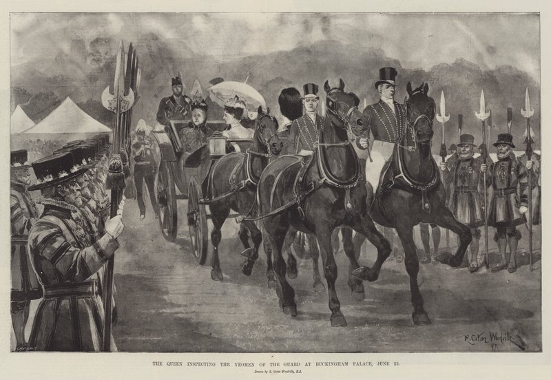 Dronningen inspicerer Yeomen of the Guard i Buckingham Palace, 23. juni af Richard Caton Woodville junior