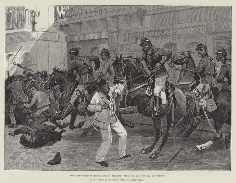 Den seneste krise i Rio de Janeiro, beredent politi rydder Rua do Ouvidor af Richard Caton Woodville junior