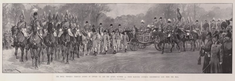 The Royal Progress gennem London af Edward VII og Dronningen, 25. oktober, Deres Majestæter går ind i Marlborough Gate fra Mall af Richard Caton Woodville junior