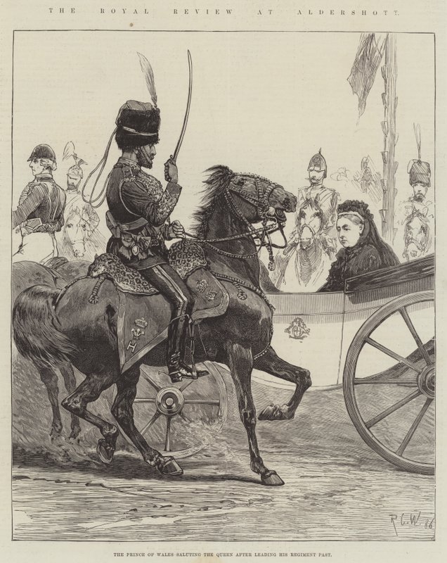 The Royal Review at Aldershott, prinsen af Wales, der hilser dronningen efter at have ført sit Regiment Past af Richard Caton Woodville junior