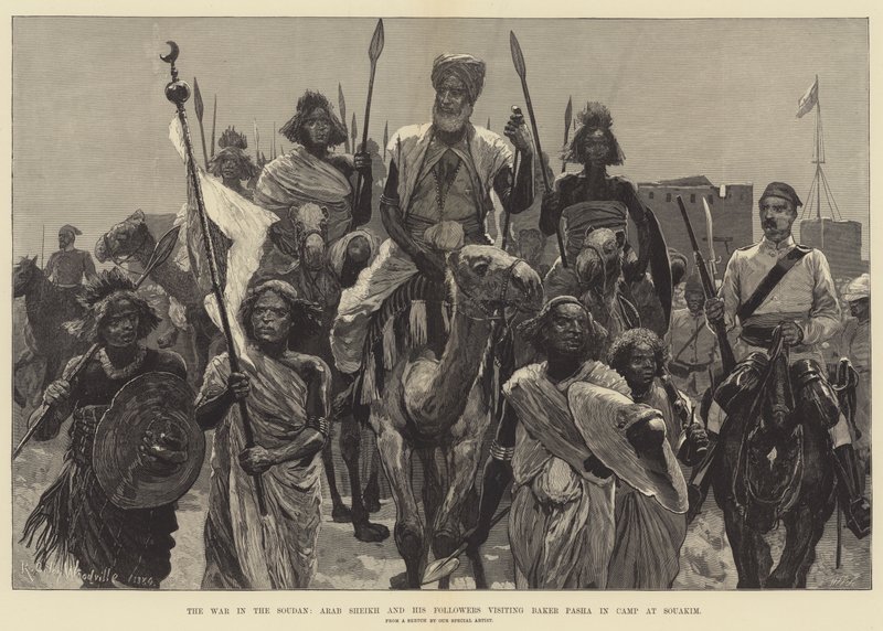 Krigen i Soudan, arabisk sheik og hans tilhængere besøger Baker Pasha i lejren ved Souakim af Richard Caton Woodville junior