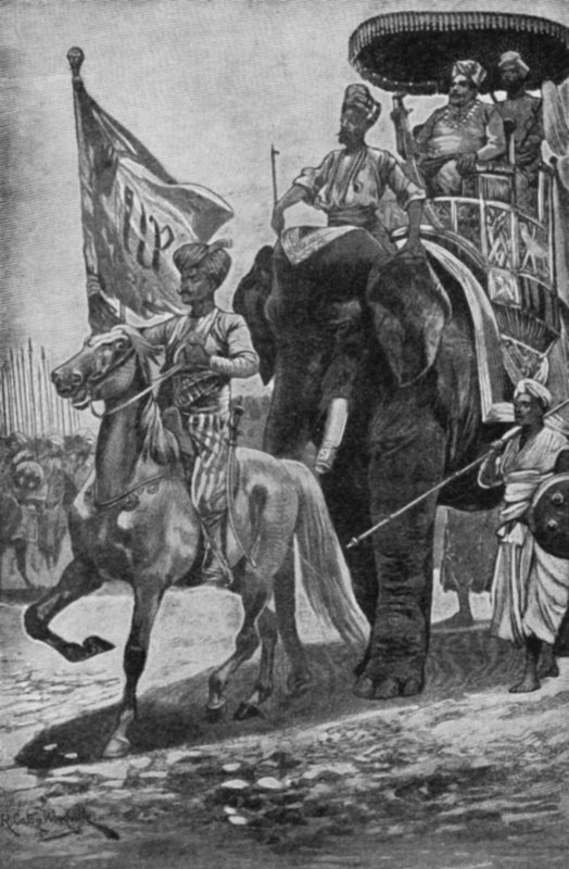 Surajah-Dowlah, monteret på en elefant, forbereder sig på at møde Robert Clive ved Plassey af Richard Caton II Woodville