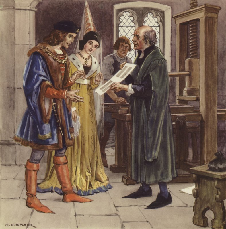 William Caxton viser en trykt side til Edward IV og hans dronning af Richard Henry Brock