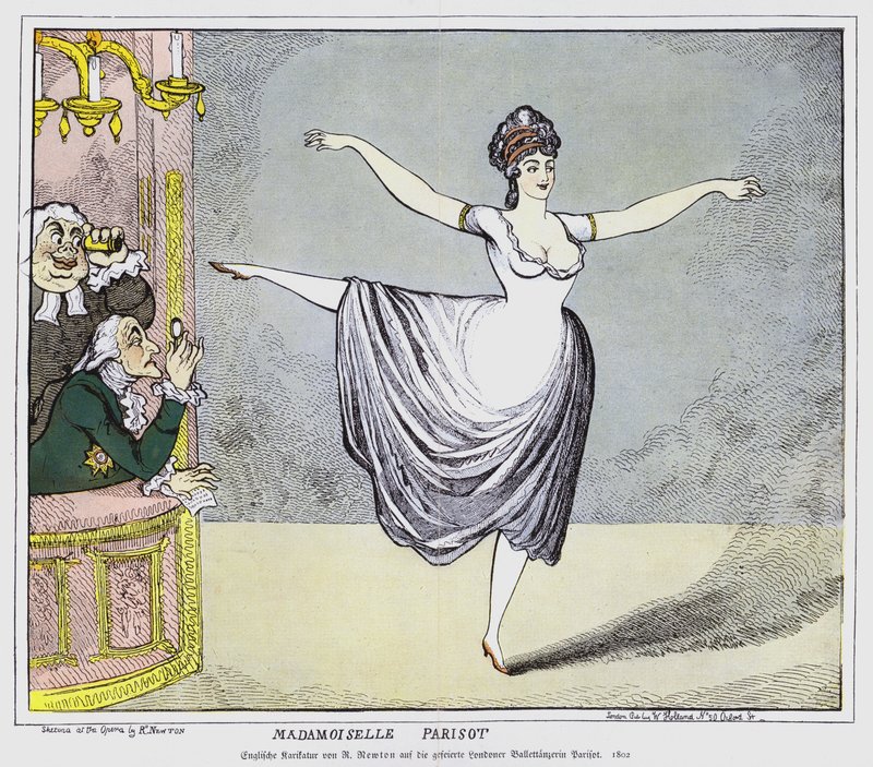 Engelsk tegneserie, der skildrer mandlige medlemmer af publikum betaget af en optræden af den kontroversielle franske ballerina Mademoiselle Parisot, 1802 af Richard Newton