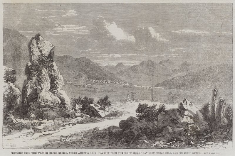 Skitser fra Washoe Silver-regionen, Nordamerika, Virginia City fra syd, Mount Davidson, Cedar Hill og Six Miles Gutch af Richard Principal Leitch