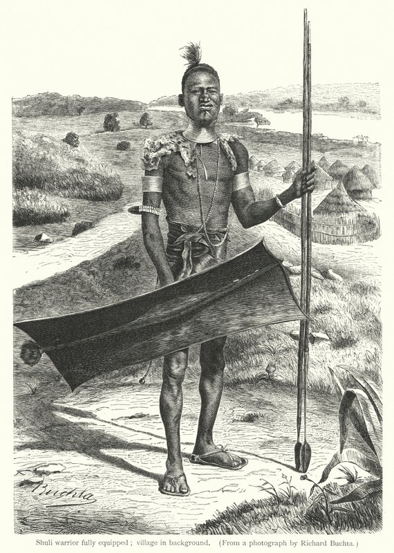 Shuli Warrior fuldt udstyret; Landsby i baggrunden (gravering) af Richard (after) Buchta