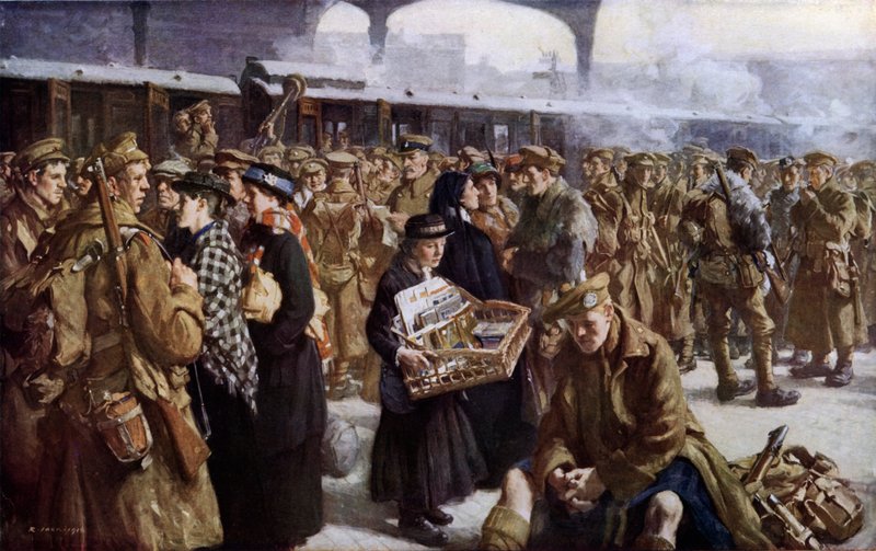 Victoria Station, WW1, afgang til Frankrig (farve litho) af Richard (after) Jack