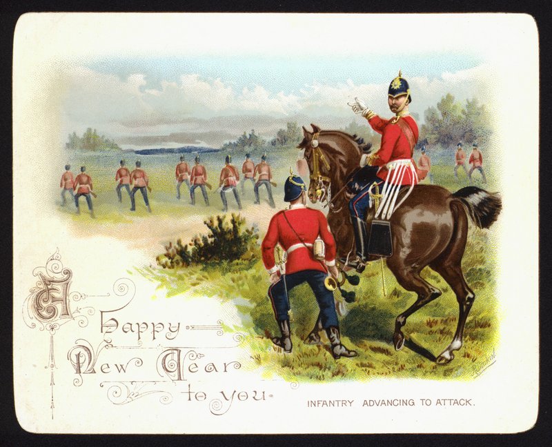 Infanteri rykker frem til angreb, nytårs lykønskningskort (chromolitho) af Richard (after) Simkin