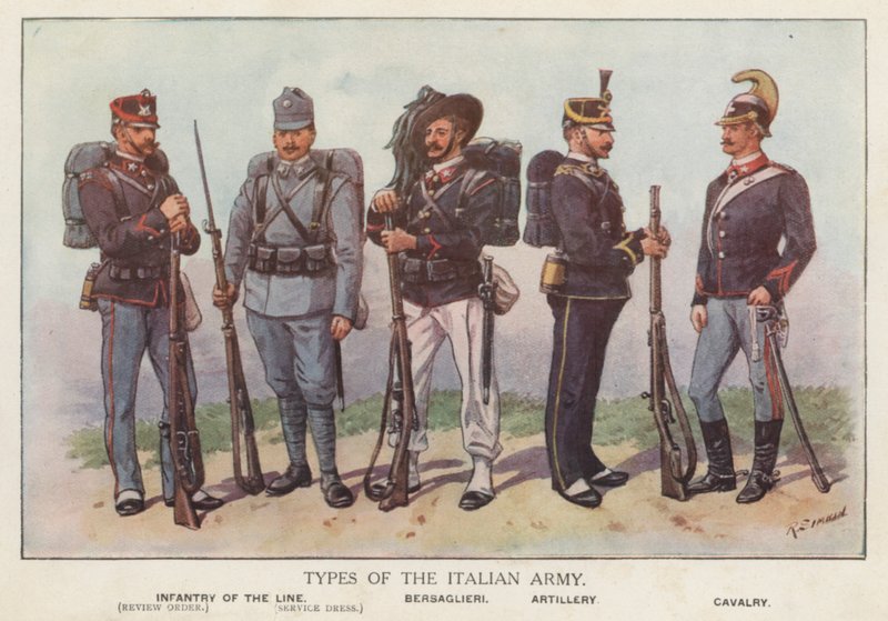 Soldater fra den italienske hær (farve litho) af Richard (after) Simkin