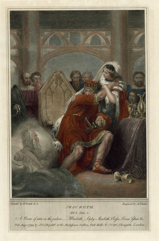 Illustration til Shakespeares Macbeth, Act III, scene 4 (farvet gravering) af Richard (after) Westall