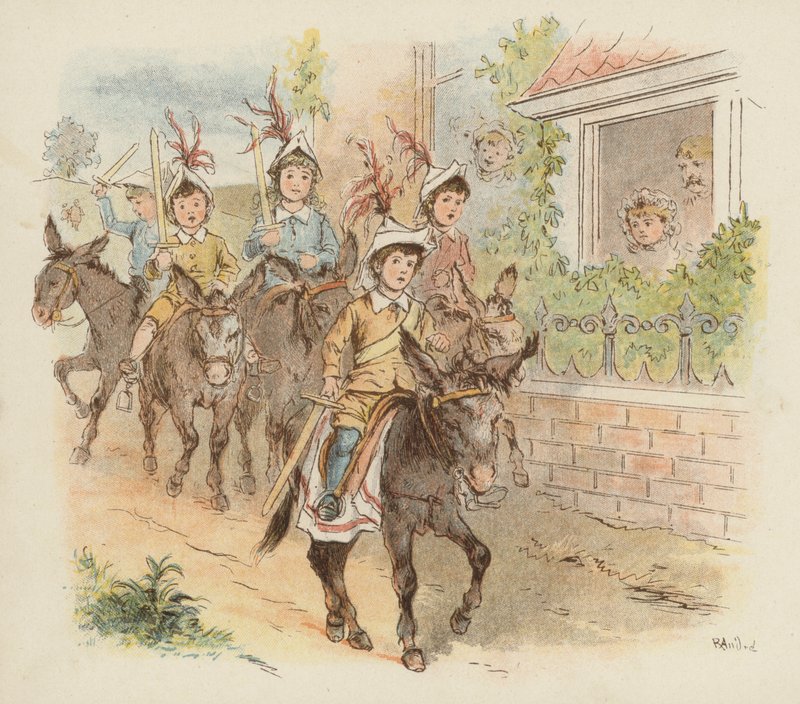 Børn på æsler afsted for at lege krig (farve litho) af Richard Andre