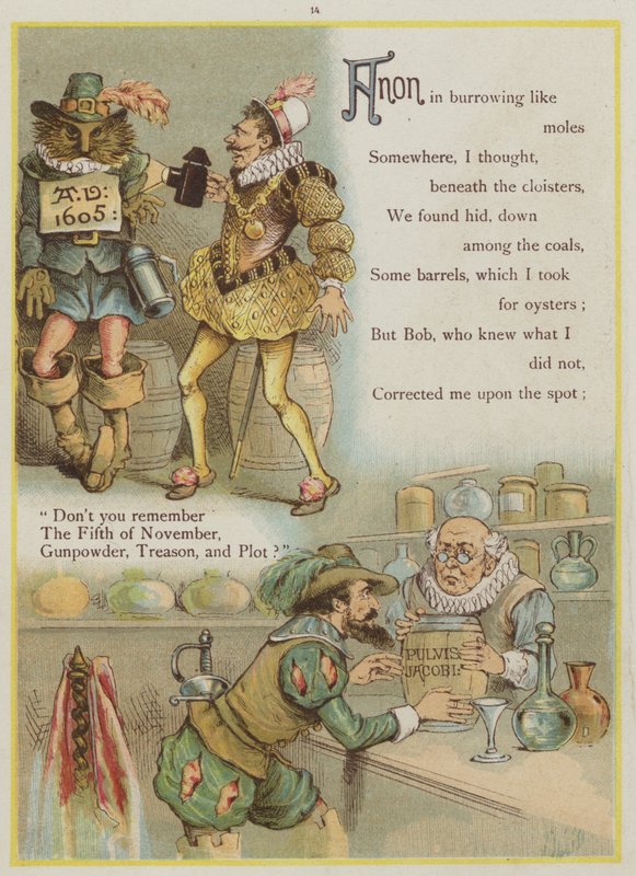 Side fra Upstream af Richard Andre, Guy Fawkes and the Gunpowder Plot (farve litho) af Richard Andre