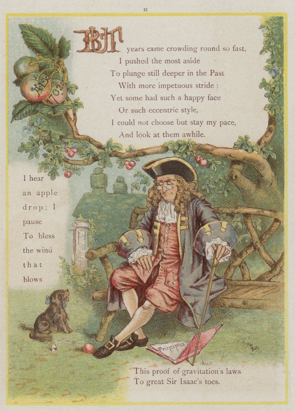 Side fra Upstream af Richard Andre, Isaac Newton og tyngdekraften (farve litho) af Richard Andre