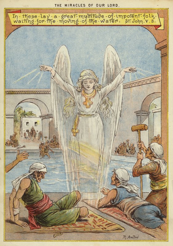 Kristi mirakler: syge mennesker, der venter på vandets bevægelse af en engel (chromolitho) af Richard Andre