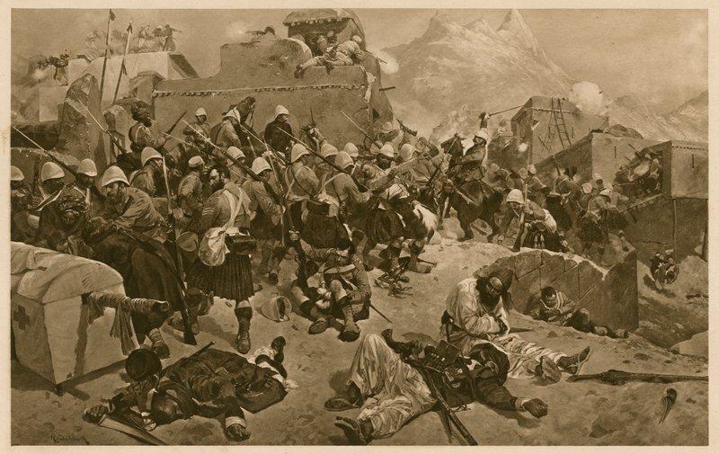 92nd Highlanders og 2nd Gurkhas stormer Gundi Mulla Sahibdad under slaget ved Kandahar, Afghanistan, Anden anglo-afghanske krig af Richard Caton II (after) Woodville