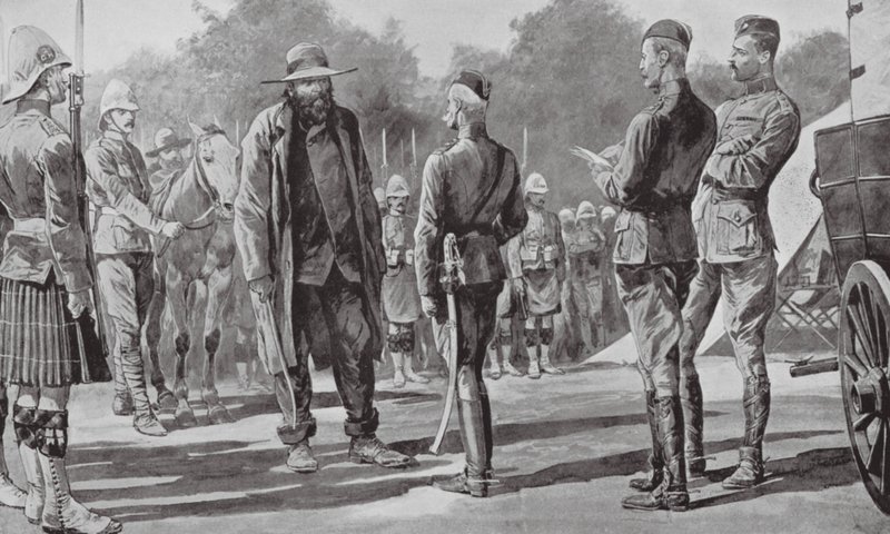 Kommandant Cronje overgiver sig til Lord Roberts (litografi) af Richard Caton II (after) Woodville
