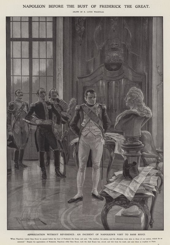Napoleon før busten af Frederik den Store (litho) af Richard Caton II (after) Woodville