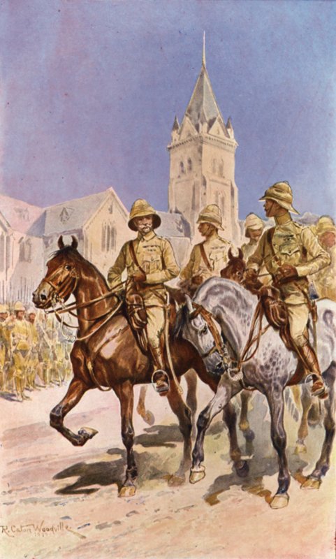 Roberts på vej ind i Pretoria (farvelitografi) af Richard Caton II (after) Woodville