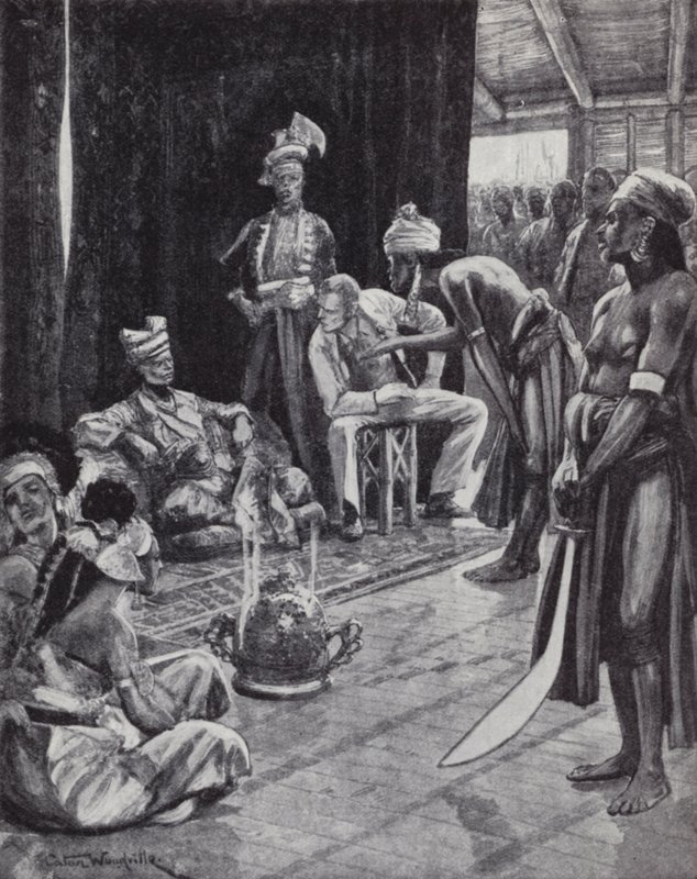 Sir James Brooke forhandler en traktat med sultanen af Brunei om etablering af en britisk koloni på Borneo af Richard Caton II (after) Woodville