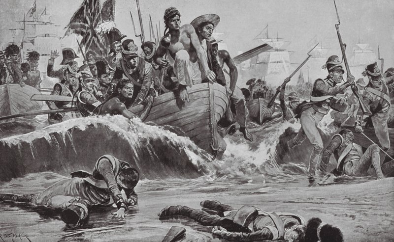 De britiske tropper gennemtvinger en landgang i Aboukir-bugten over for de franske batterier (litografi) af Richard Caton II (after) Woodville
