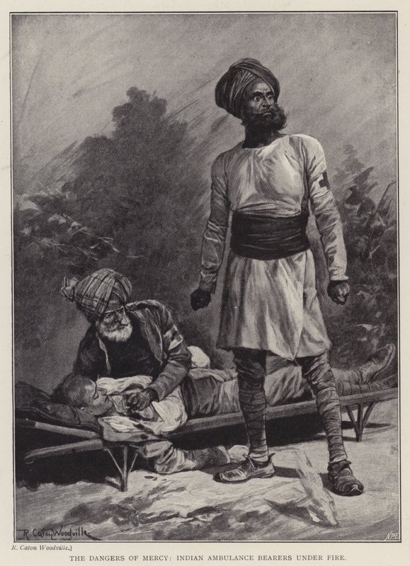 Farerne ved barmhjertighed, indiske ambulancebærere under beskydning (litho) af Richard Caton II (after) Woodville