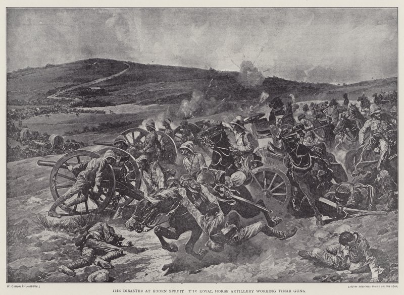 Katastrofen ved Koorn Spruit, Royal Horse Artillery arbejder med deres våben (litho) af Richard Caton II (after) Woodville