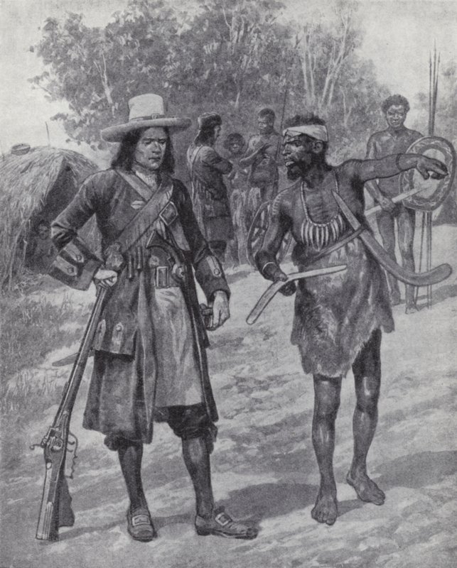 William Dampier med en indfødt mand under hans udforskning af Australien, slutningen af det 17. århundrede (litho) af Richard Caton II (after) Woodville