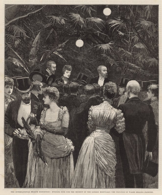 Aftenfest til fordel for London Hospitals - Prinsessen af Wales sælger blomster af Richard Caton Woodville