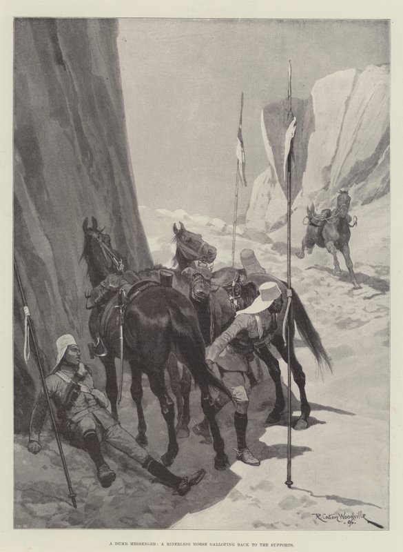 En dum Budbringer, en Rytterløs Hest, der galopperer tilbage til Støtterne af Richard Caton Woodville junior